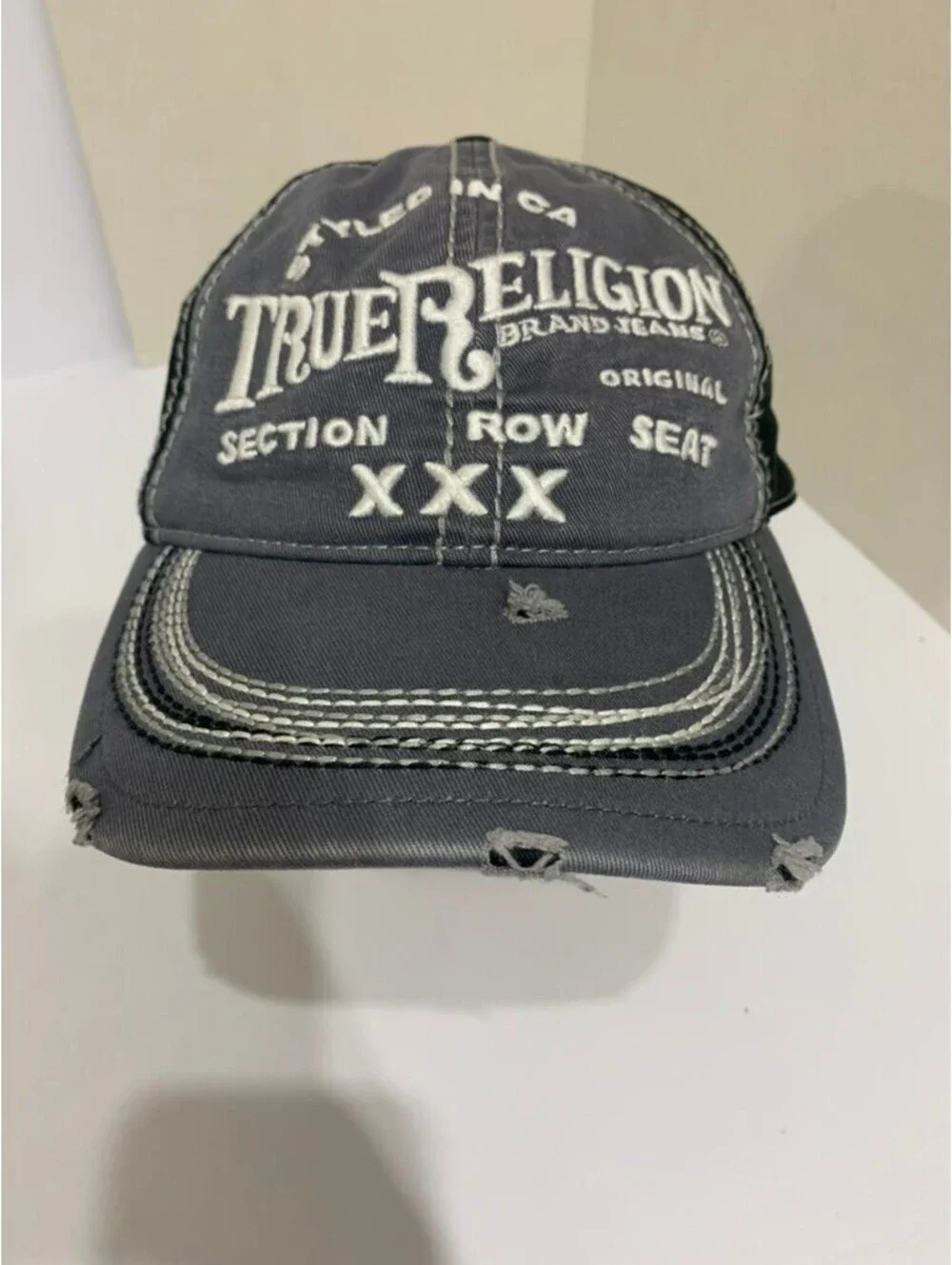 True Religion Brand Jeans Distressed Baseball Hat Gray Black Adjustable OSFA
